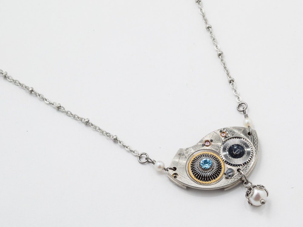 Steampunk necklace watch movement plate gold gears pearls blue crystal silver filigree pendant jewelry
