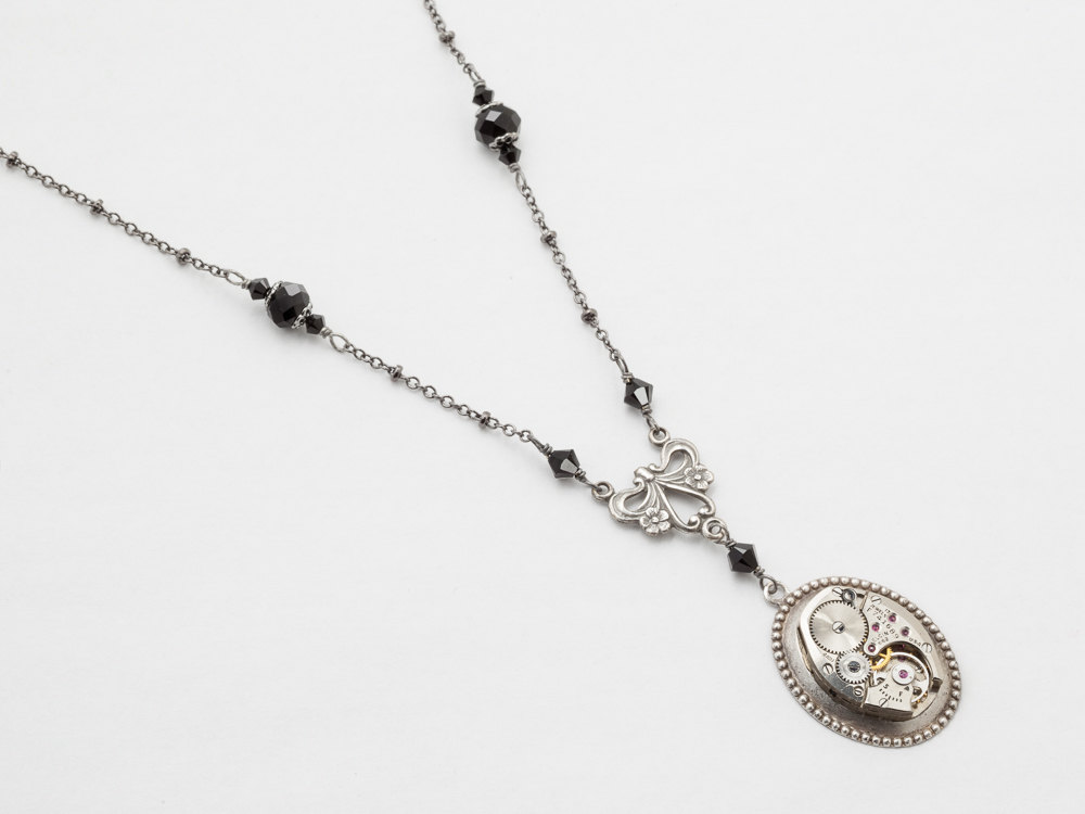 Steampunk Necklace watch movement silver flower bird black crystal pendant Statement Necklace Steampunk Jewelry