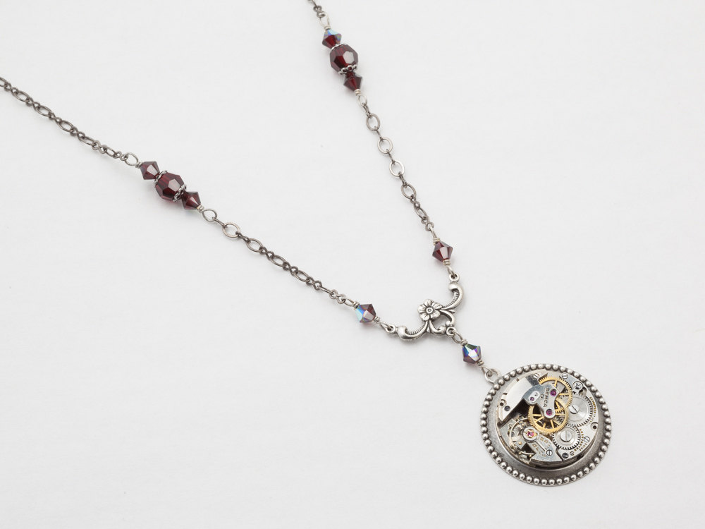 Steampunk Necklace watch movement silver flower Garent red crystal pendant Statement Necklace Steampunk Jewelry