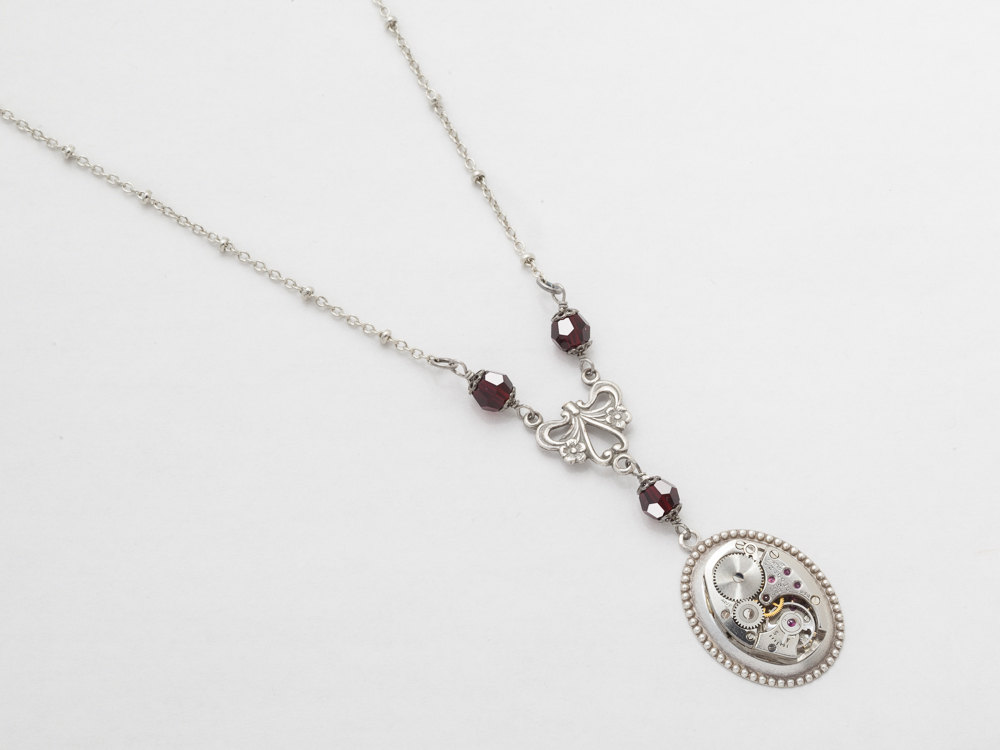 Steampunk Necklace watch movement silver flower garnet red Swarovski crystal pendant Statement Necklace Steampunk Jewelry