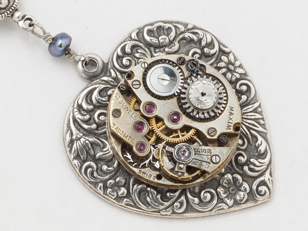 Steampunk Necklace watch movement silver heart pendant necklace bird Victorian leaf flower pearl crystal statement necklace