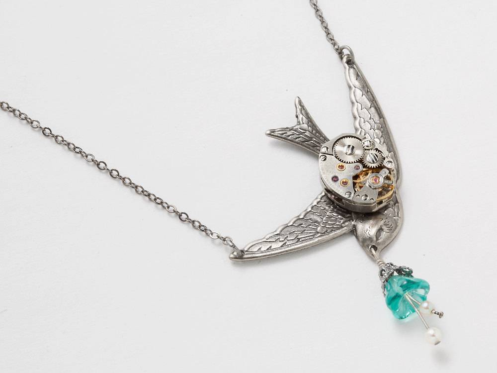 Steampunk necklace watch movement silver swallow bird pearls filigree blue glass flower pendant jewelry
