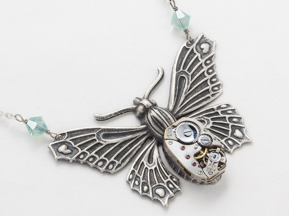 Steampunk Necklace watch movement silver Victorian Moth Butterfly blue topaz opal crystal pendant Statement Steampunk Jewelry