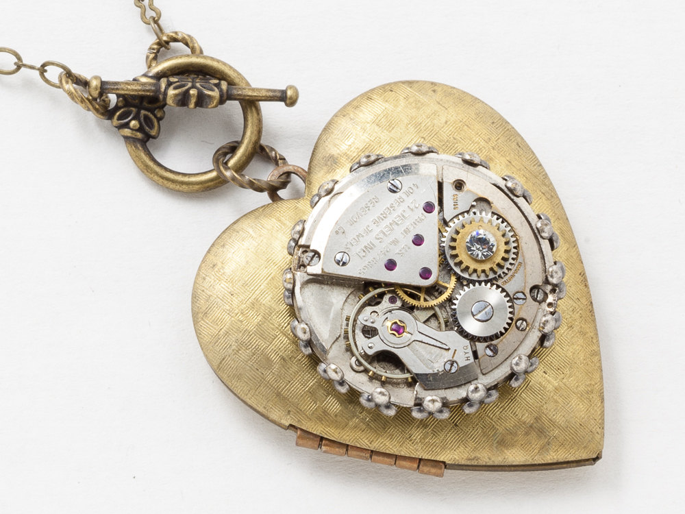 Steampunk Necklace watch movement with silver filigree Swarovski crystal gold heart locket