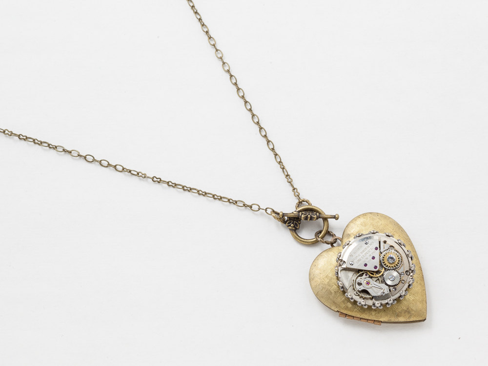 Steampunk Necklace watch movement with silver filigree Swarovski crystal gold heart locket