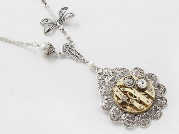 Steampunk Necklace with Antique Gold Pocket Watch on Filigree Flower with Genuine Pearl Silver Dragonfly Pendant Swarovski Crystal