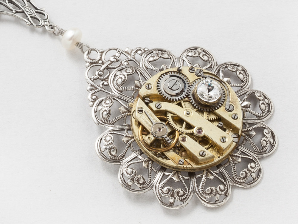 Steampunk Necklace with Antique Gold Pocket Watch on Filigree Flower with Genuine Pearl Silver Dragonfly Pendant Swarovski Crystal