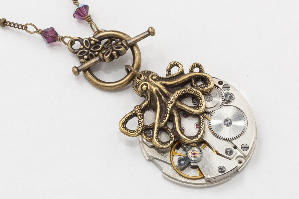 Steampunk NecklaceVintage silver watch movement gears gold Octopus pendant amethyst purple crystal Steampunk Jewelry