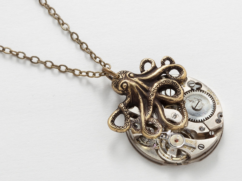Steampunk Octopus Necklace antique silver watch movement gears gold brass pendant jewelry