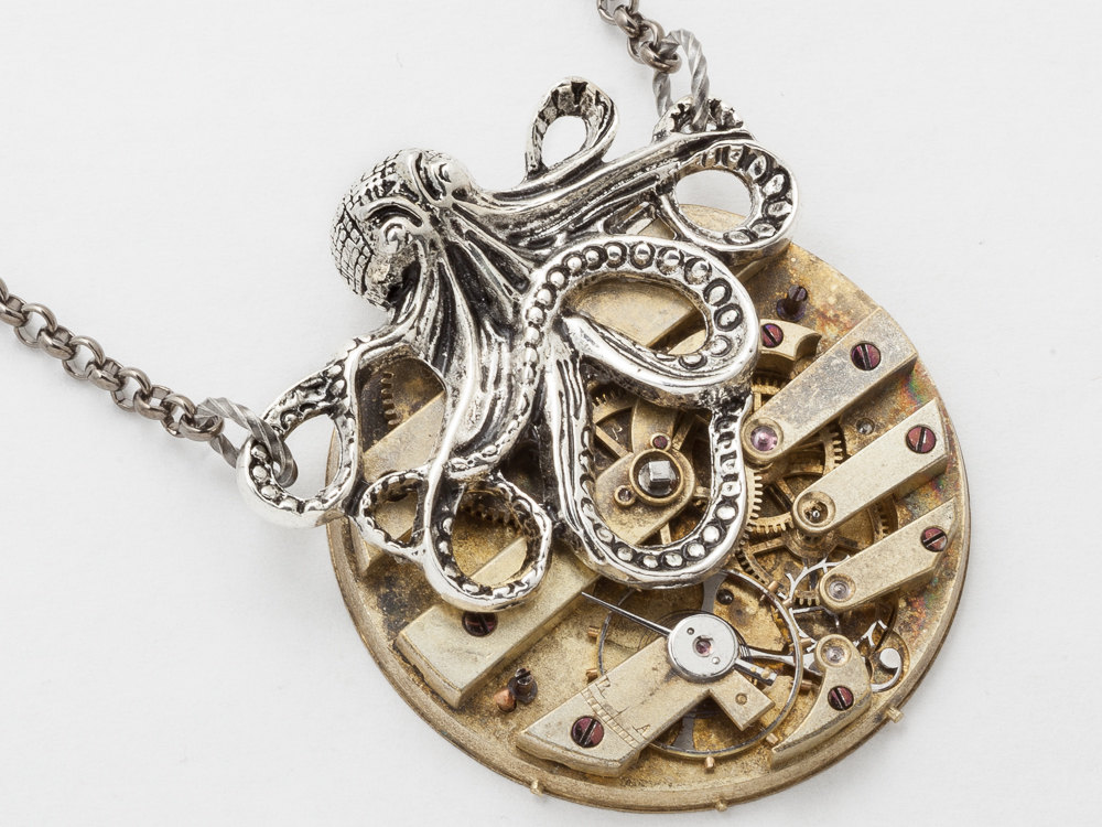 Steampunk Octopus Necklace gold key pocket watch movement gears silver Victorian unisex Steampunk jewelry Statement Necklace