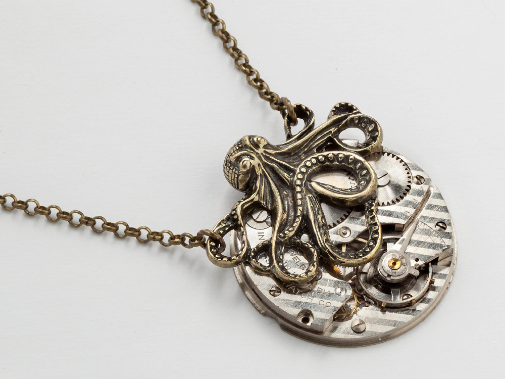 Steampunk Octopus Necklace pinstripe pocket watch movement silver gears gold unisex jewelry