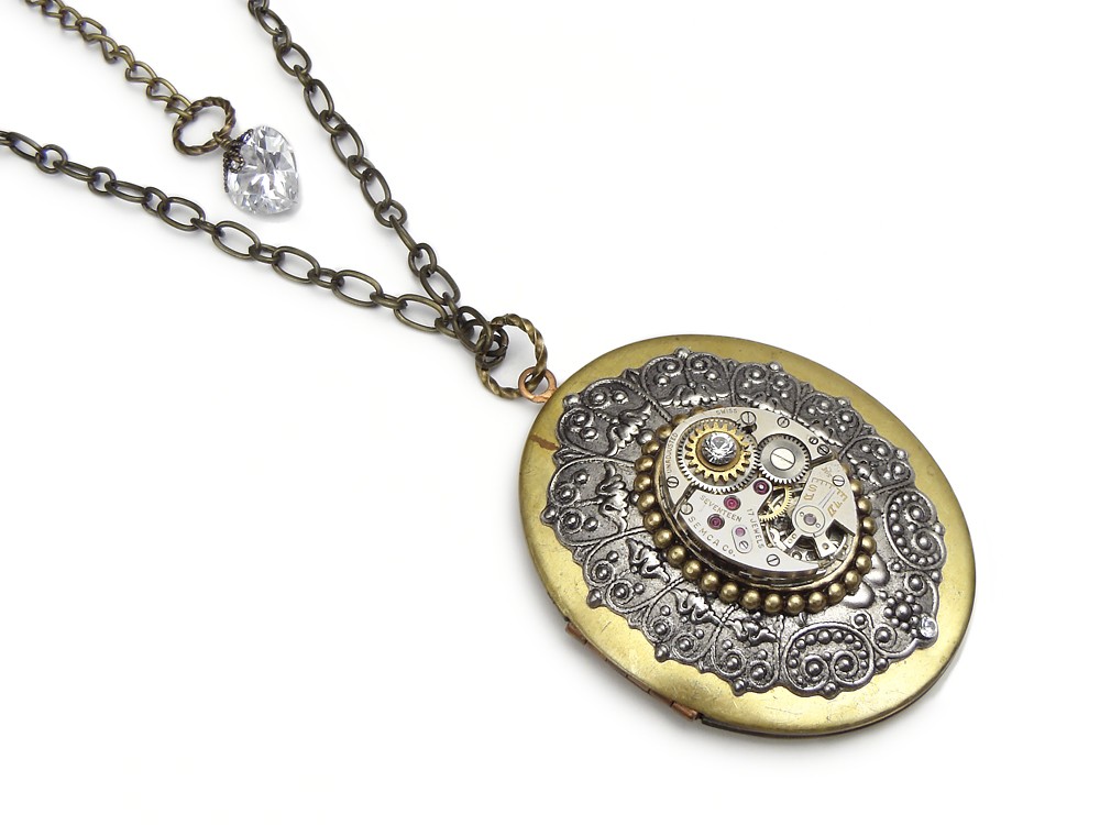 Steampunk oval gold locket silver wristwatch movement gears antique 1940 vintage filigree faceted swarovski crystal stone heart shape cubic zirconia necklace pendant