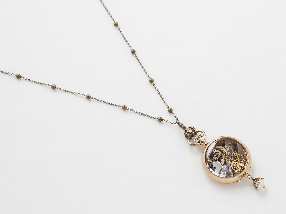 Steampunk pocket watch case necklace 14k gold filled Victorian pendant with gears silver owl charm filigree pearl drop