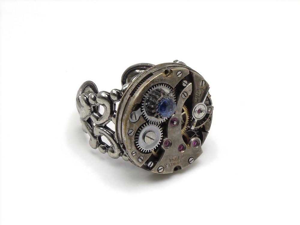 Steampunk Ring 16 ruby jewel watch movement gears antique circa 1920 silver genuine blue sapphire filigree adjustable