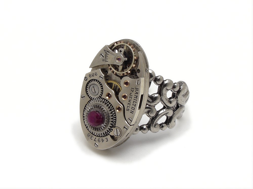 Steampunk Ring 17 ruby jewel Hamilton watch movement gears antique circa 1920 silver genuine ruby filigree adjustable