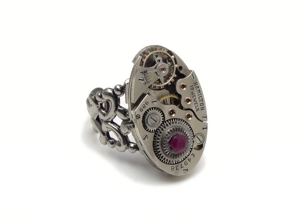 Steampunk Ring 17 ruby jewel Hamilton watch movement gears antique circa 1920 silver genuine ruby filigree adjustable