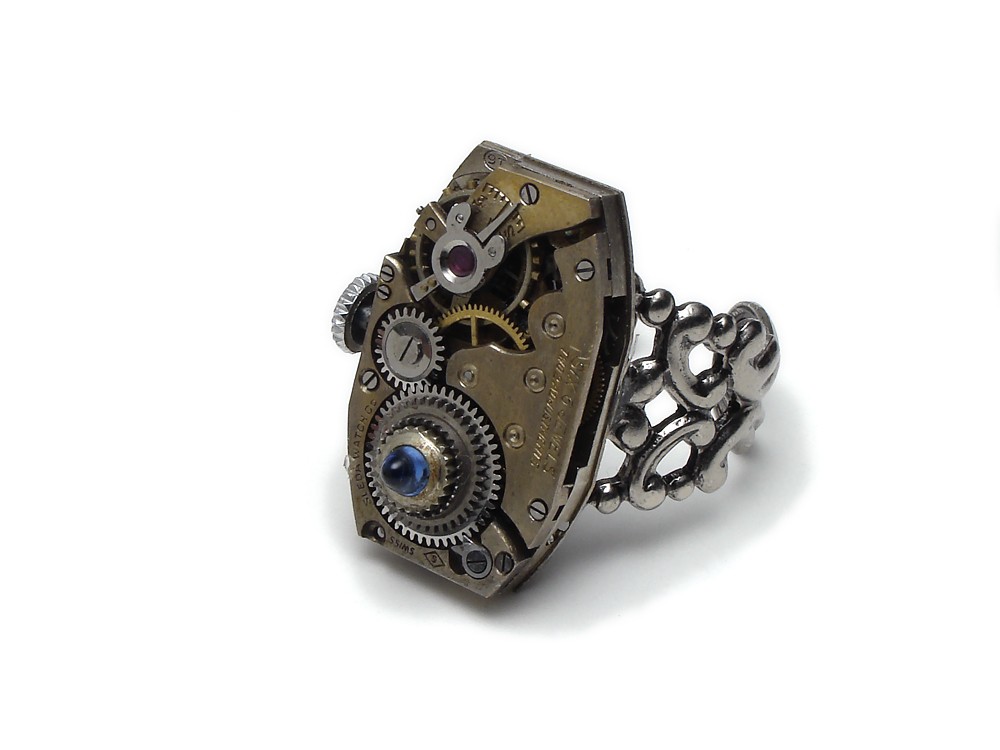 Steampunk Ring antique 1920 watch movement gears 6 ruby jewel gold silver filigree blue sapphire filigree adjustable vintage