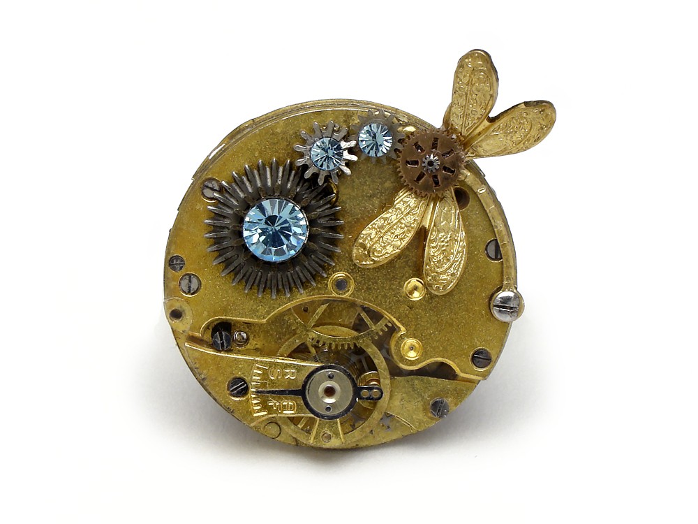 Steampunk Ring antique gold watch movement gears blue Swarovski crystal dragonfly filigree adjustable