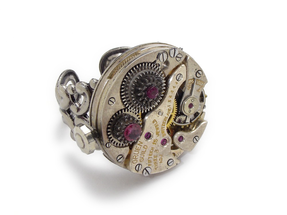 Steampunk Ring antique Gruen watch movement gears circa 1920 15 ruby jewel silver brass genuine faceted round ruby filigree adjustable