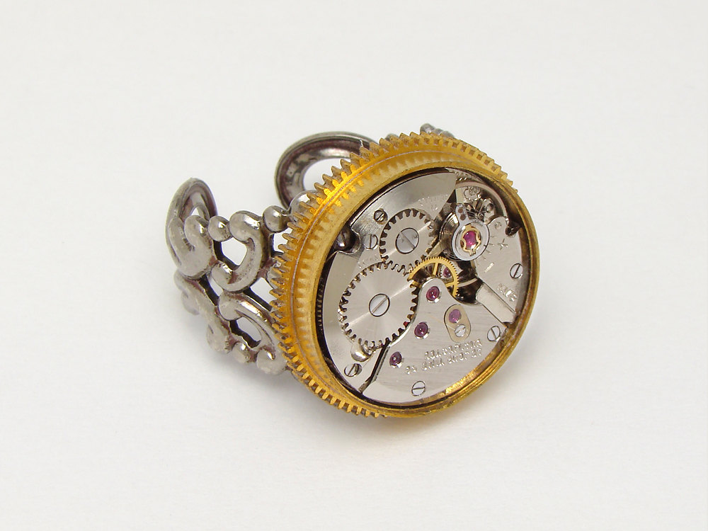 Steampunk Ring antique silver watch movement gold brass gears ruby jewel watch jewelry filigree adjustable