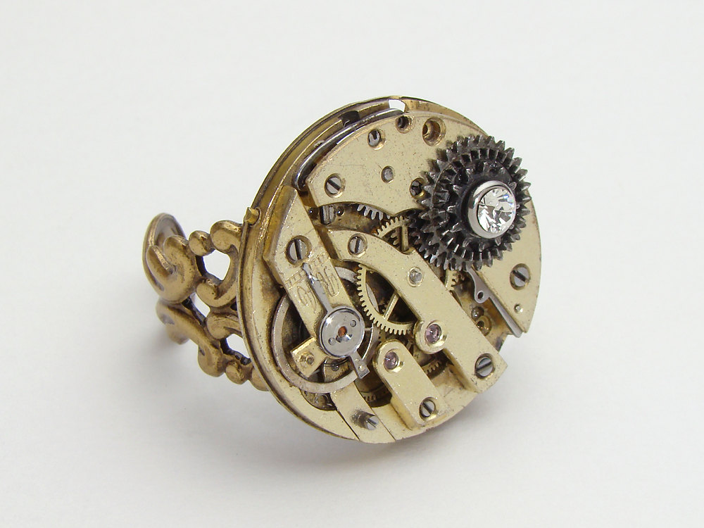 Steampunk Ring antique Victorian gold watch movement gears Swarovski crystal filigree adjustable jewelry