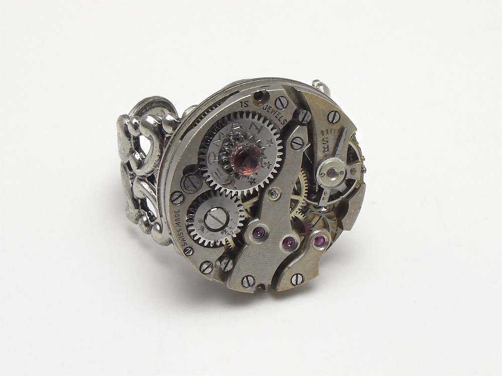 Steampunk Ring antique vintage 15 ruby jewel watch movement gears circa 1920 silver brass genuine faceted round garnet neo victorian gothic filigree adjustable original jewelry design by Steampunk Nation 736