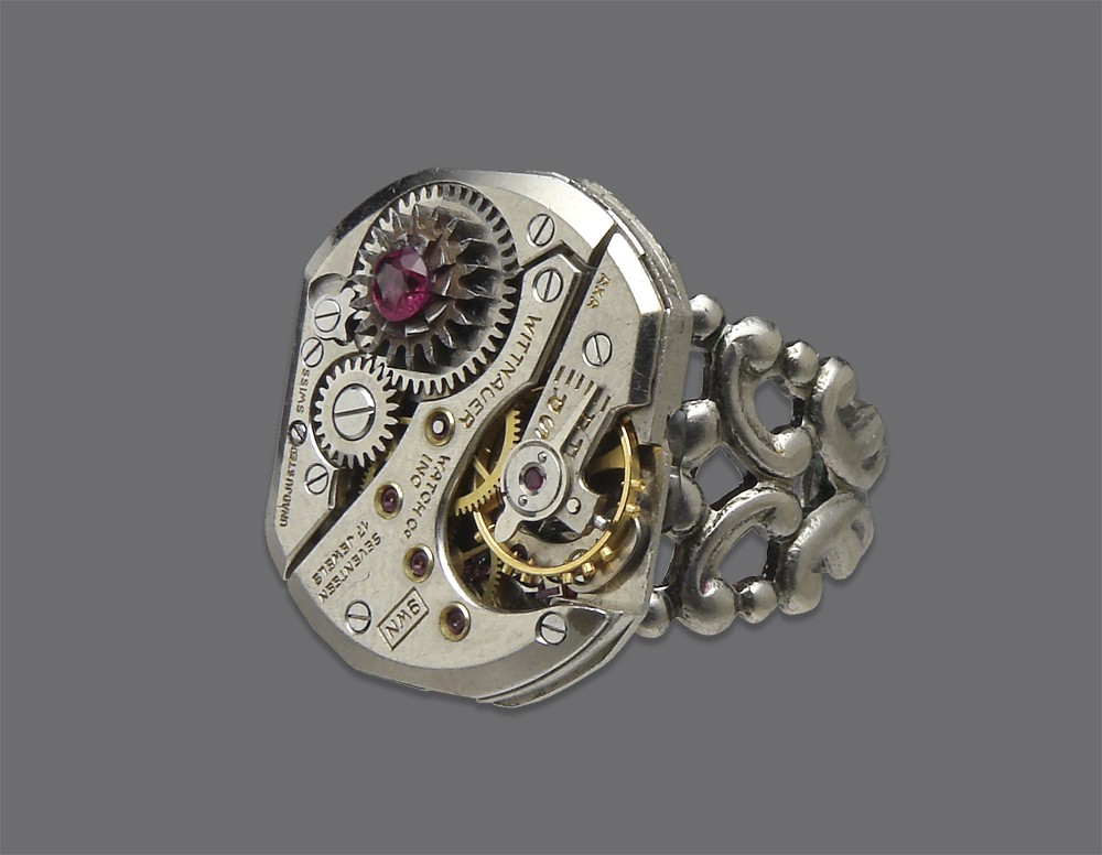 Steampunk Ring antique vintage watch movement gears circa 1930 silver gold brass genuine faceted ruby neo victorian gothic filigree adjustable original jewelry design by Steampunk Nation 752
