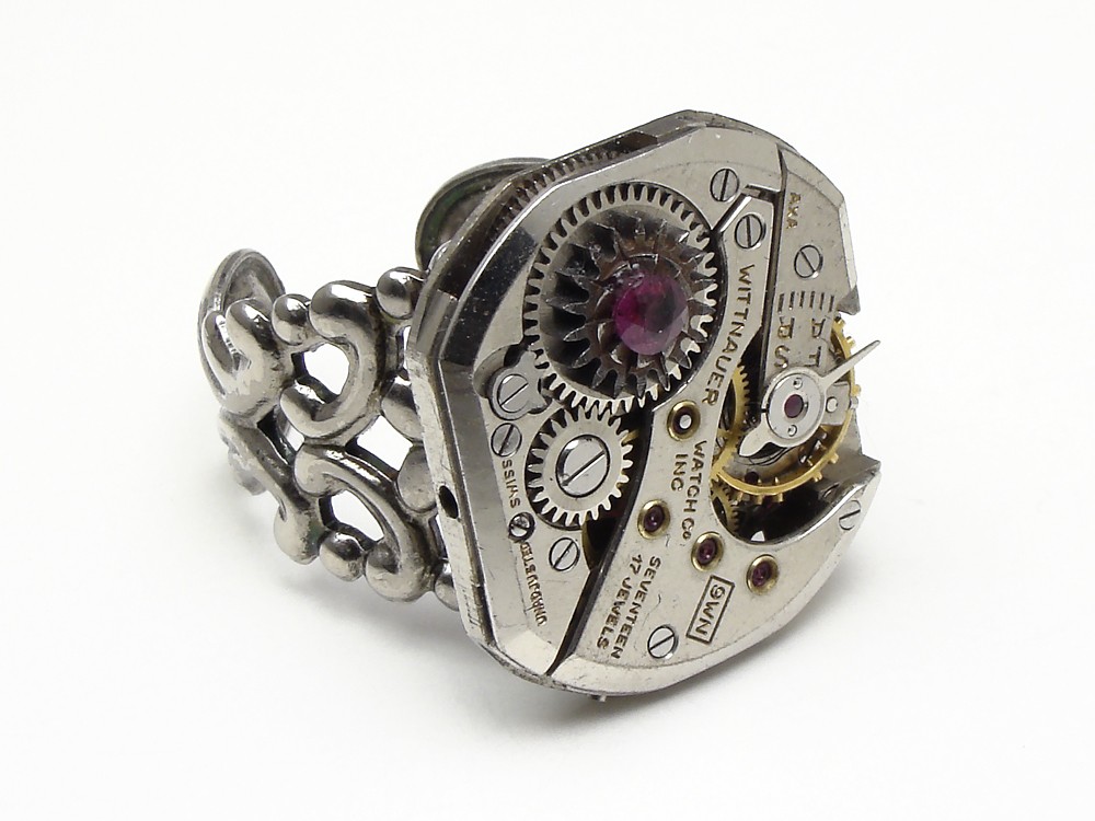Steampunk Ring antique vintage watch movement gears circa 1930 silver gold brass genuine faceted ruby neo victorian gothic filigree adjustable original jewelry design by Steampunk Nation 752