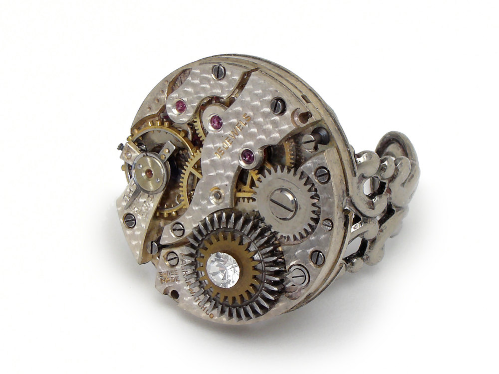 Steampunk Ring antique watch movement gears circa 1930 15 ruby jewel silver brass faceted Swarovski crystal stone filigree adjustable