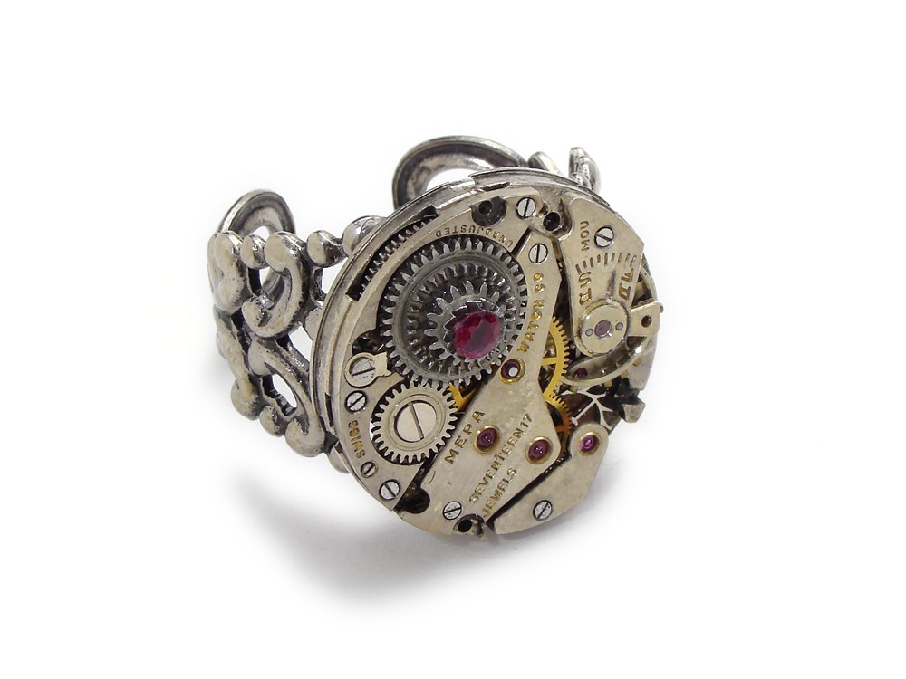 Steampunk Ring antique watch movement gears circa 1930 15 ruby jewel silver brass genuine faceted round ruby vintage filigree adjustable