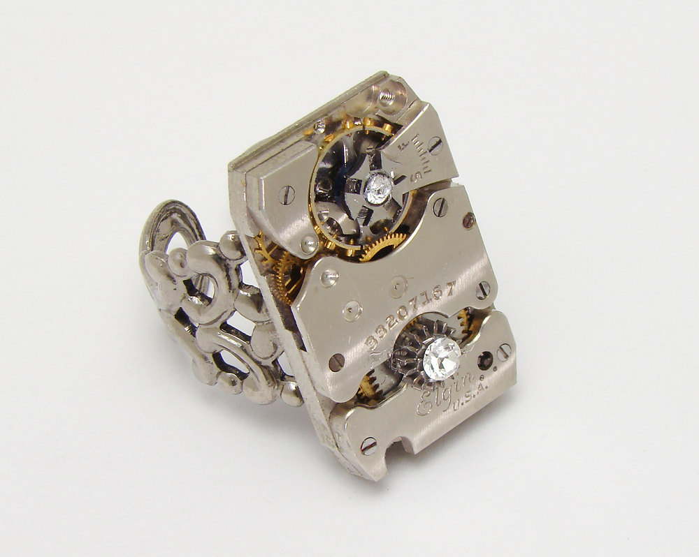 Steampunk Ring Elgin watch movement gears silver Swarovski crystal filigree adjustable