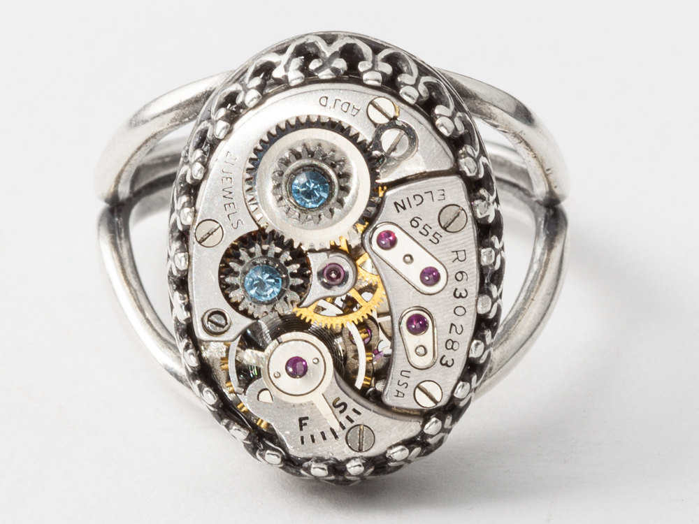 Steampunk Ring Elgin watch movement with gears in filigree silver cocktail ring blue aquamarine crystal Statement ring jewelry