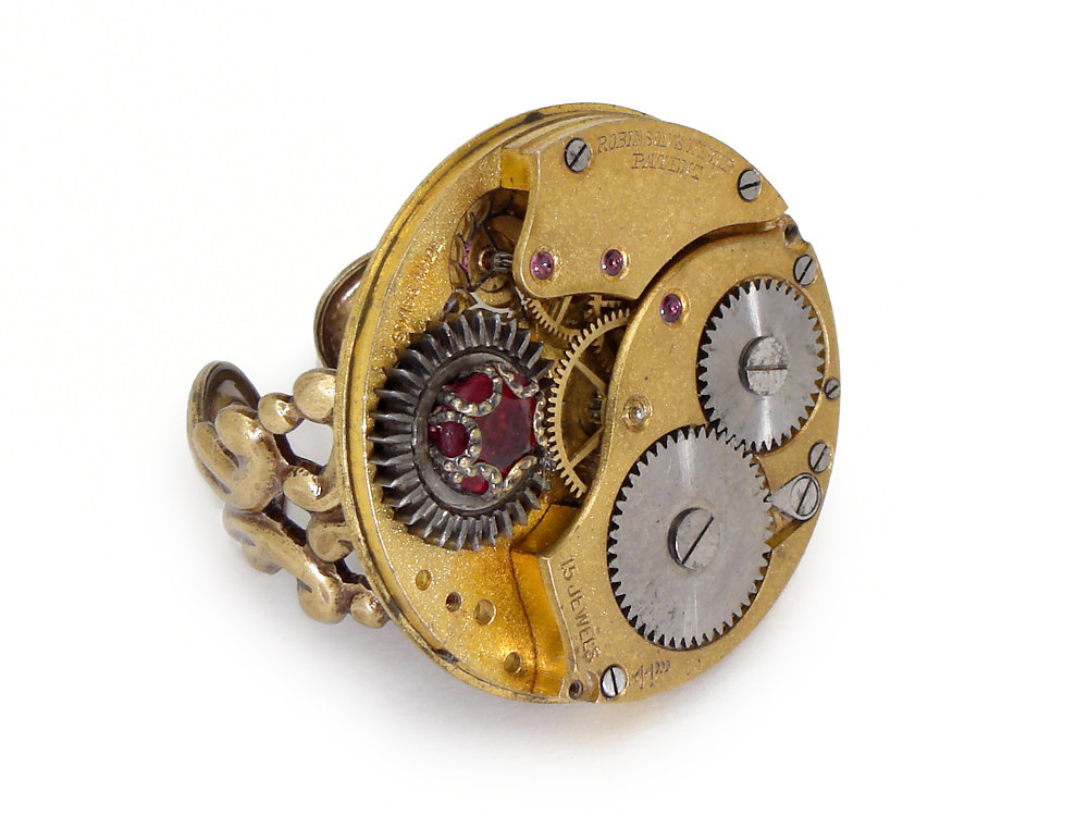 Steampunk Ring gold antique watch movement gears circa 1900 15 ruby jewel genuine faceted red garnet vintage filigree adjustable