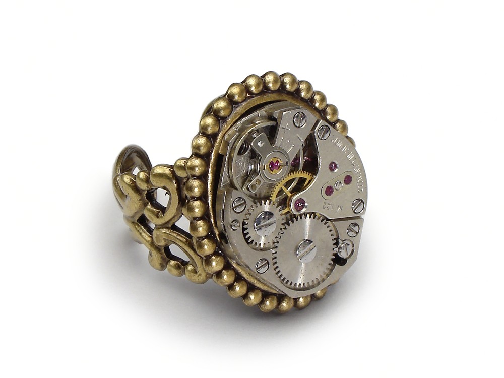 Steampunk Ring gold filigree silver watch movement gears antique 1940 brass bezel vintage adjustable