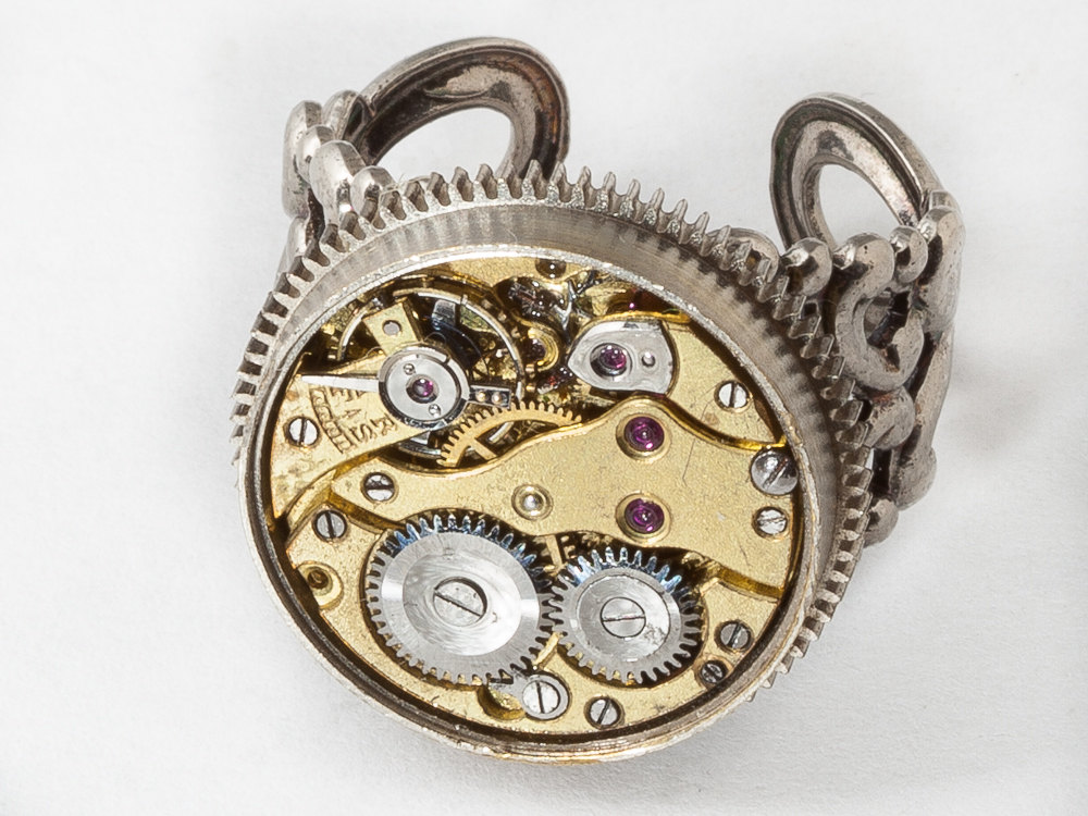 Steampunk Ring gold watch movement Pocket watch gears cog silver filigree adjustable Statement Cocktail Ring Steampunk jewelry