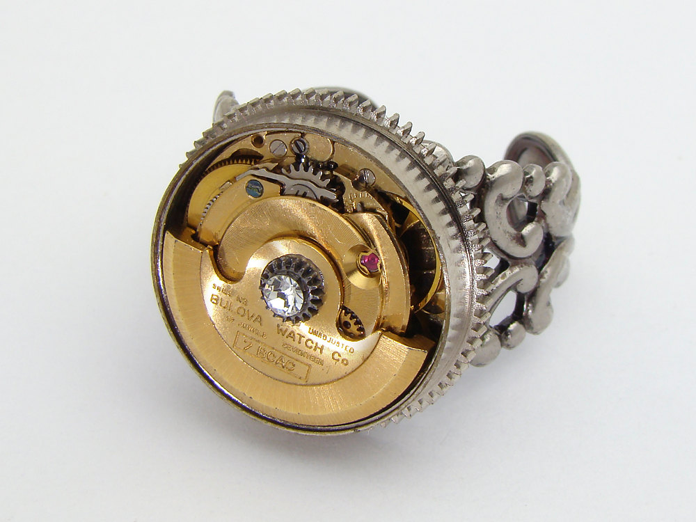 Steampunk Ring gold watch movement with moving gears Swarovski crystal cocktail ring silver filigree Statement Ring jewelry