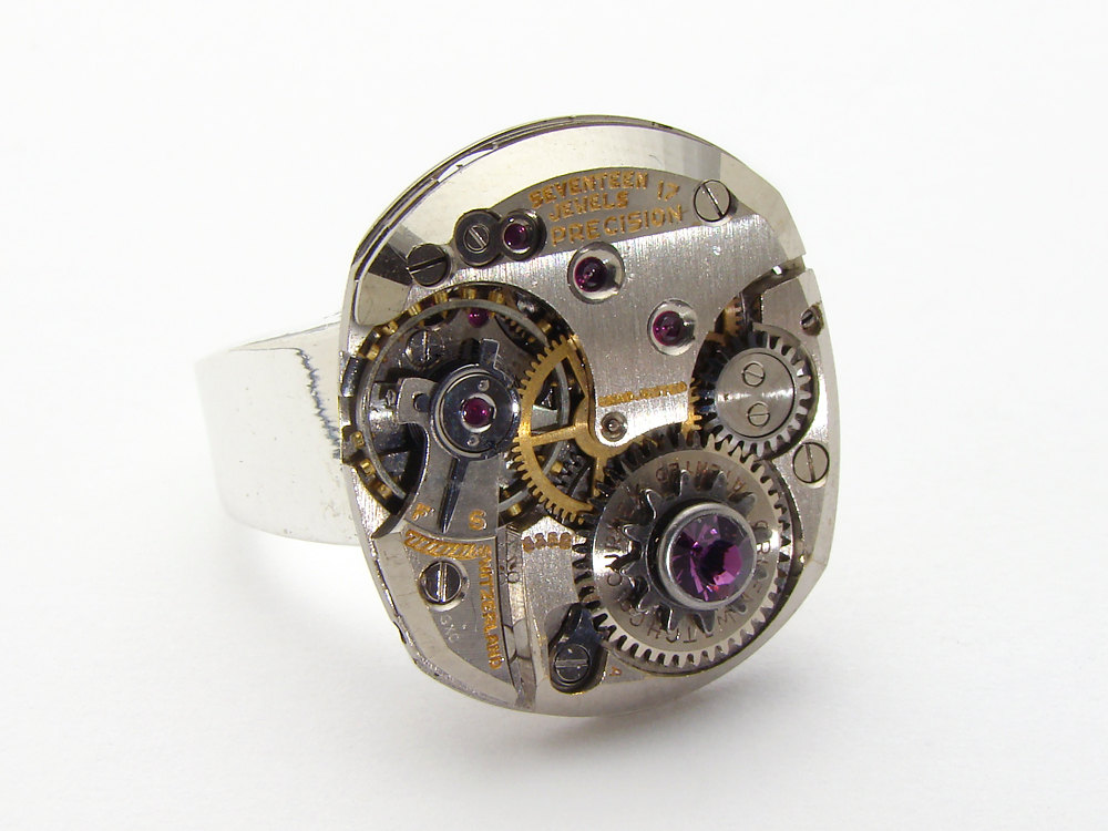 Steampunk Ring rare Gruen watch movement silver gears purple amethyst Swarovski crystal jewelry