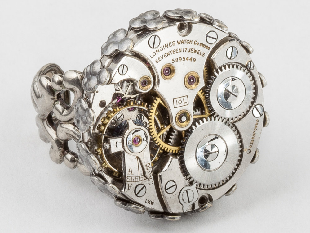 Steampunk Ring Rare Longines watch movement gears silver filigree adjustable cocktail ring Statement Ring Steampunk jewelry