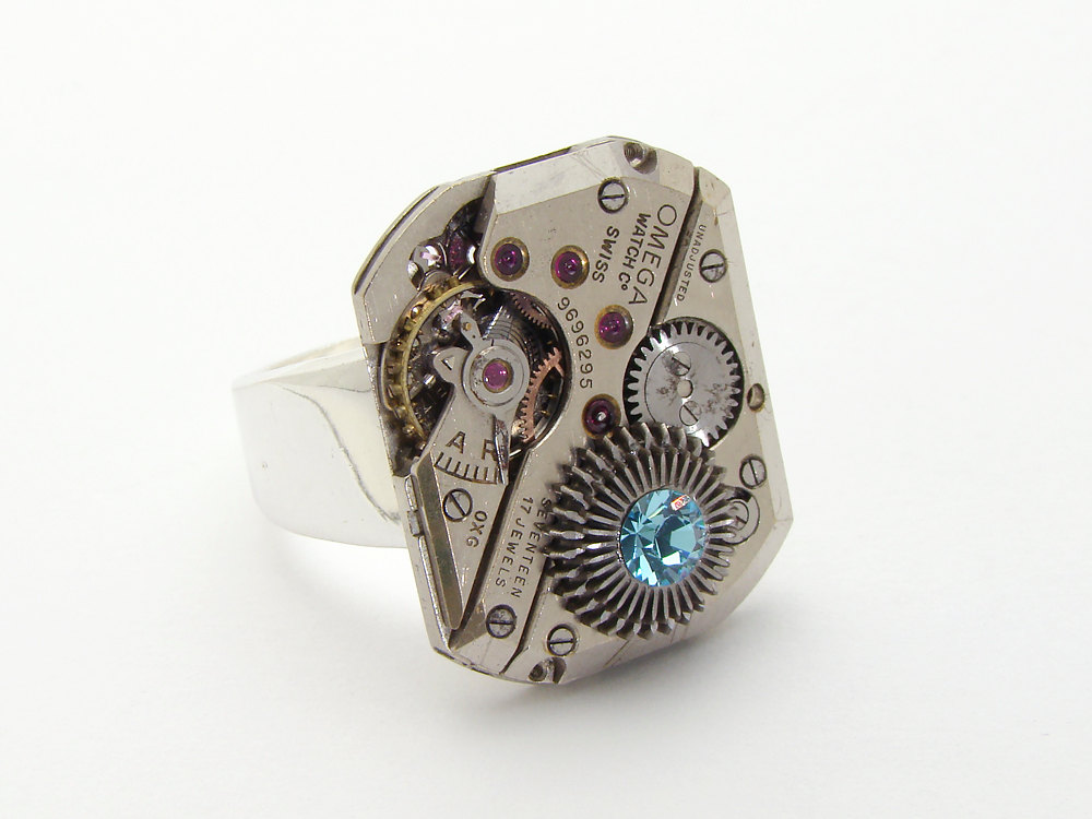 Steampunk Ring rare Omega watch movement silver gears blue aquamarine Swarovski crystal wide band