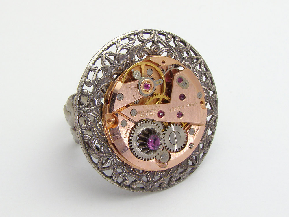 Steampunk Ring rose gold watch movement gears purple crystal silver filigree Statement jewelry