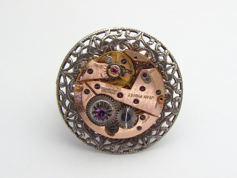 Steampunk Ring rose gold watch movement gears purple crystal silver filigree Statement jewelry