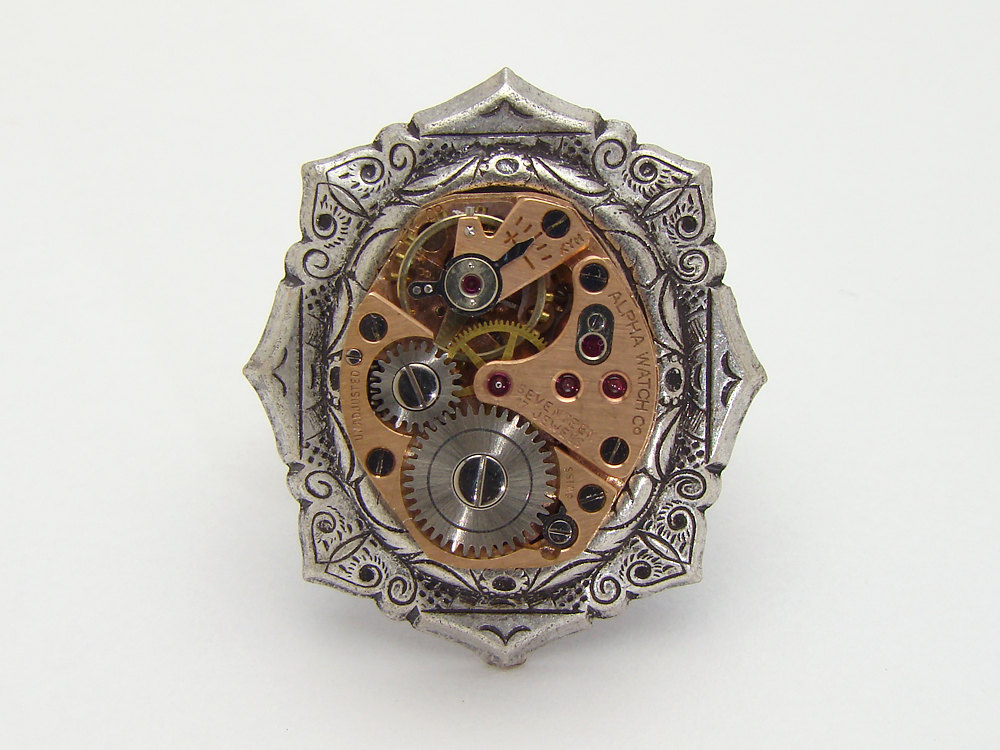 Steampunk Ring rose gold watch movement gears silver brass bezel filigree