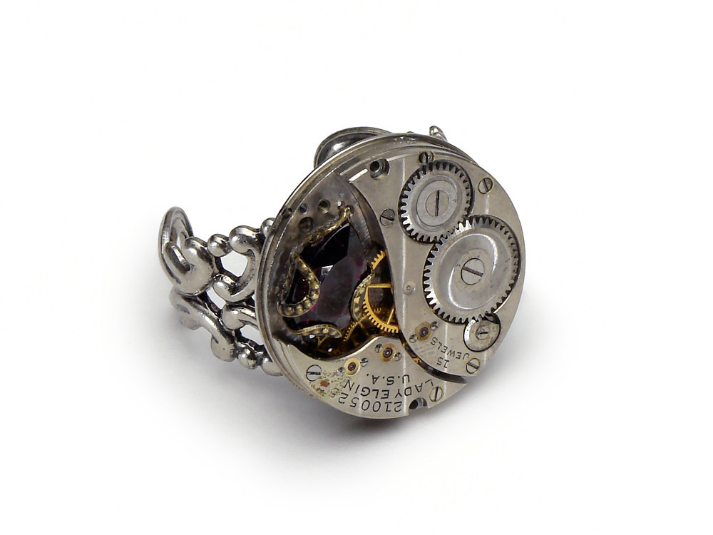 Steampunk Ring silver Elgin watch movement gears antique 1920 genuine red garnet filigree adjustable