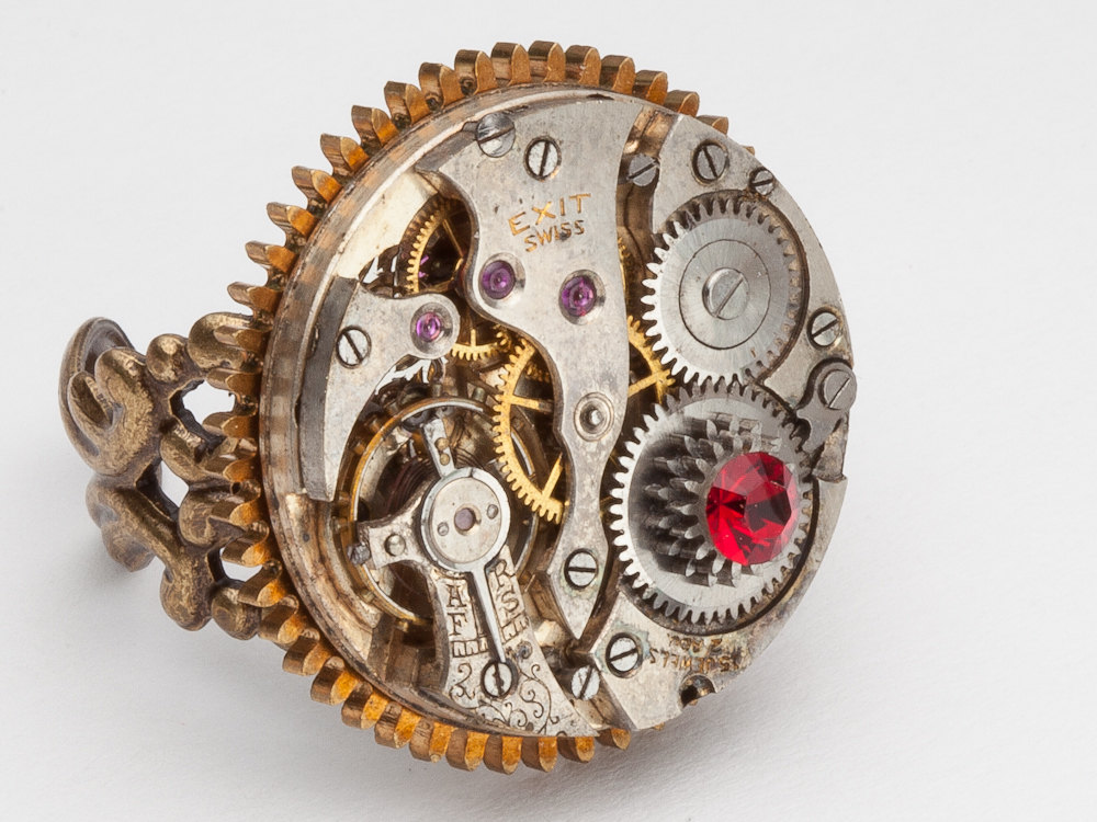 Steampunk Ring silver watch movement clock gears red ruby crystal gold filigree Statement Cocktail Adjustable Steampunk jewelry