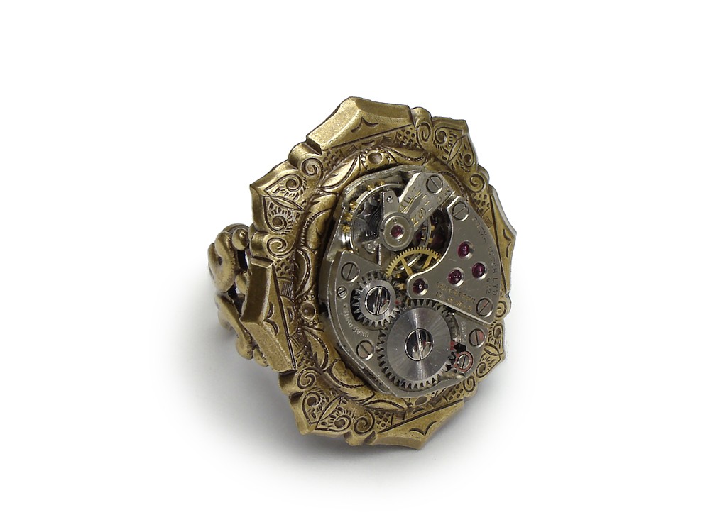 Steampunk Ring silver watch movement gears antique 1940 gold brass bezel vintage adjustable filigree