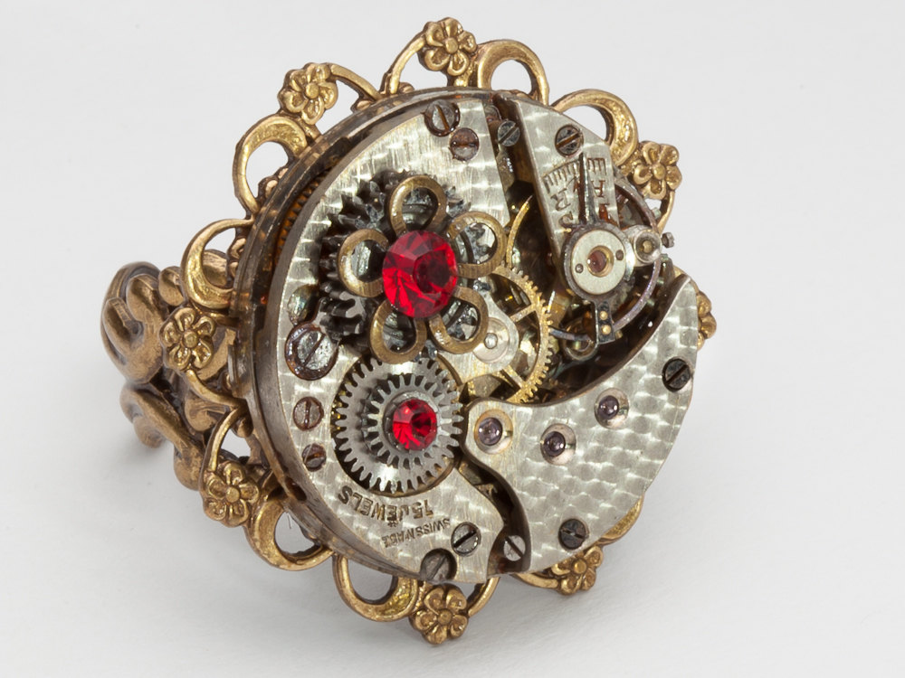 Steampunk Ring silver watch movement gears garnet red crystal gold flower filigree Industrial