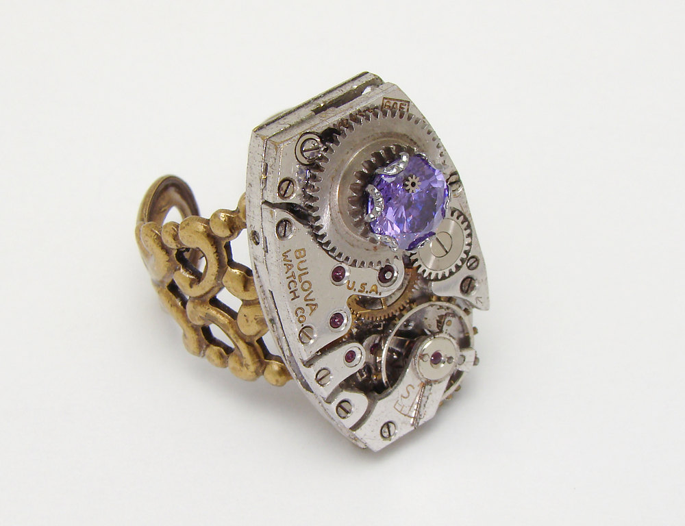 Steampunk Ring silver watch movement gears gold brass filigree purple crystal adjustable