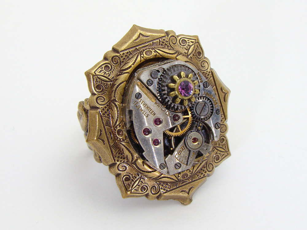 Steampunk Ring silver watch movement gears purple crystal gold brass filigree jewelry