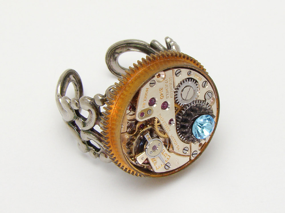 Steampunk Ring silver watch movement gold brass gears blue Swarovski crystal watch jewelry filigree