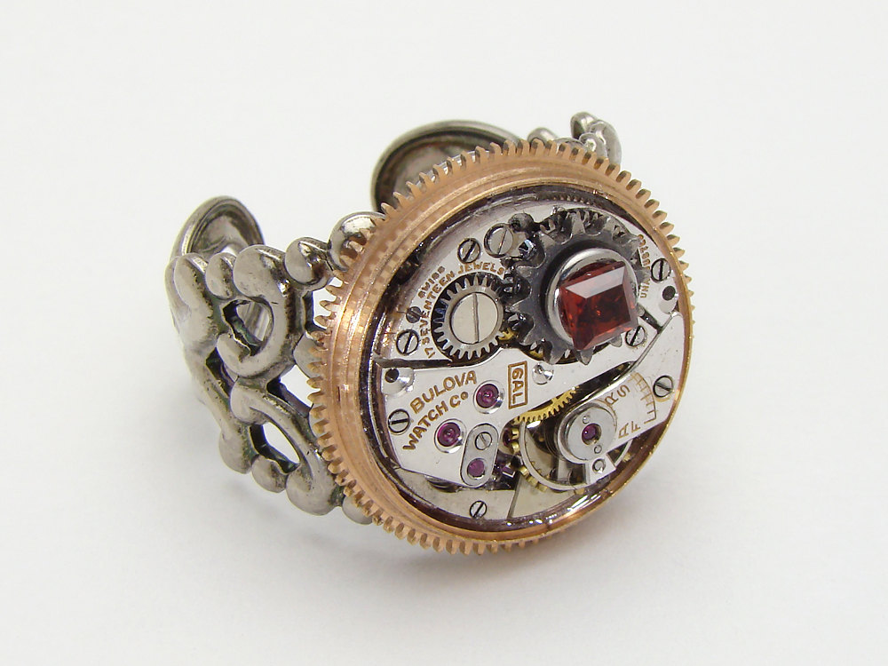 Steampunk Ring silver watch movement rose gold brass gears genuine red garnet watch jewelry filigree